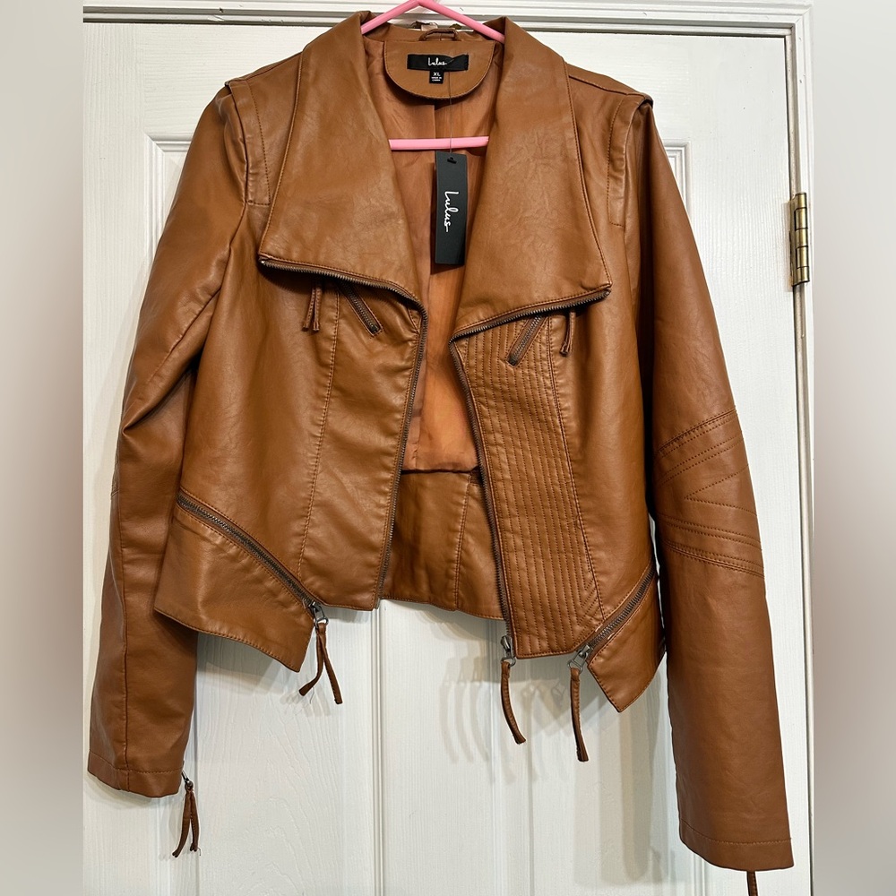 Lulus Up On A Tuesday Camel Vegan Leather Jacket Brown - Size XL - Picture 6 of 9
